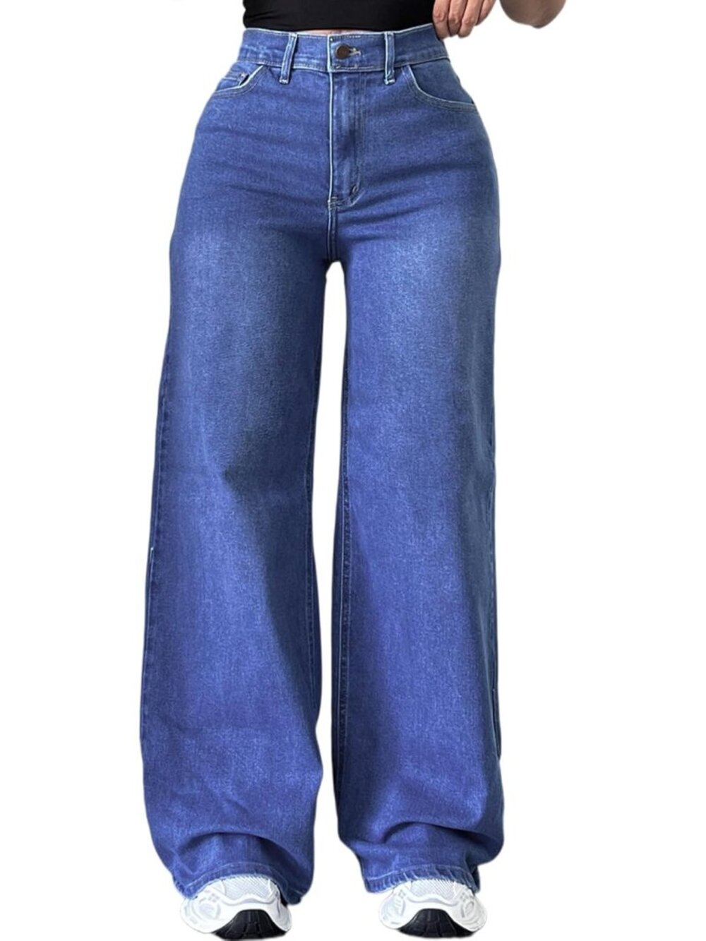 〽️ Women Mid Blue High Waist Straight Leg Baggy Boyfriend Denim Jeans Stretch